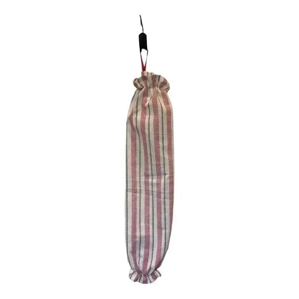 Handmade Plastic Bag Holder- Red black stripes red ribbon
